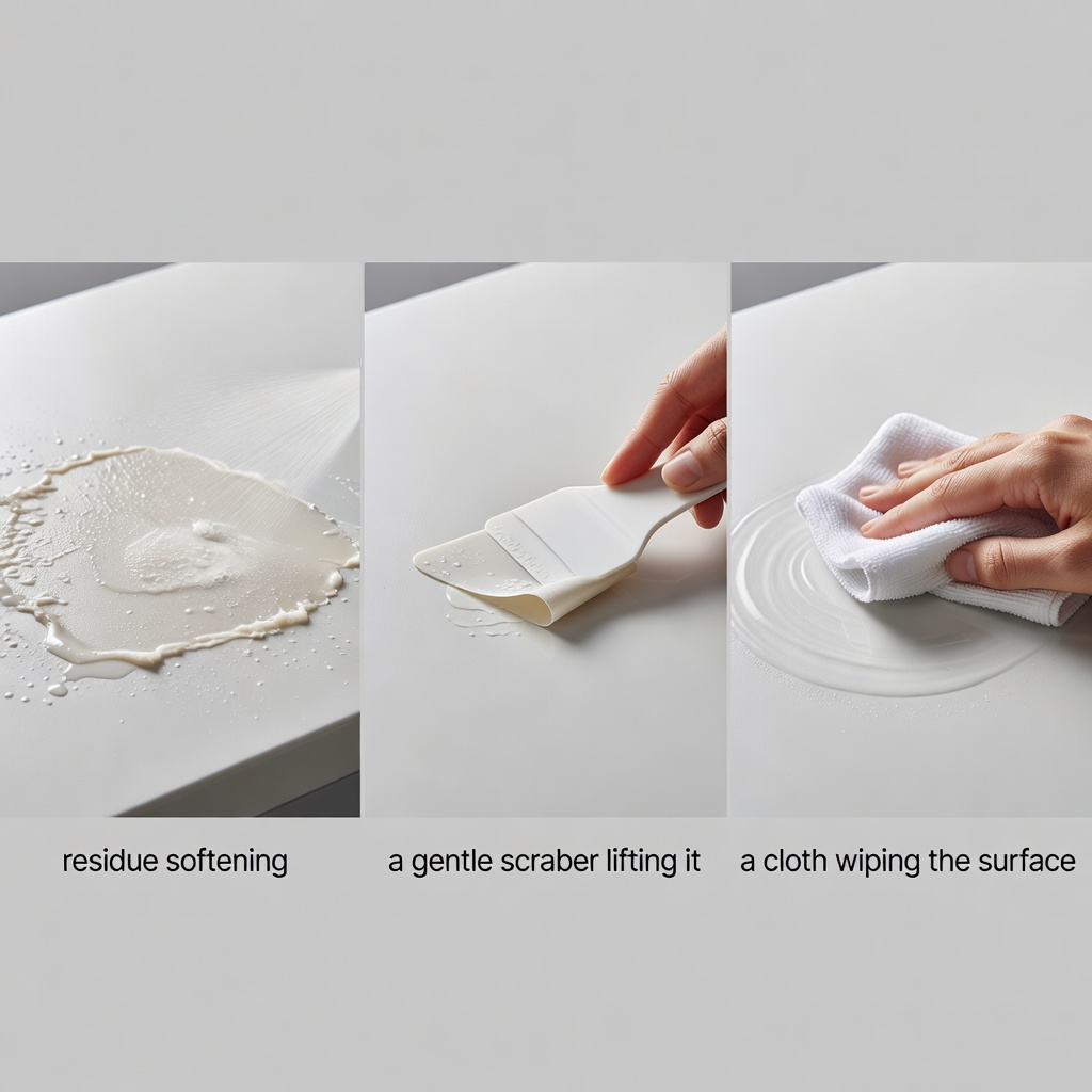 Three-stage cleaning diagram showing residue softening, a gentle scraper lifting it and a cloth wiping the surface