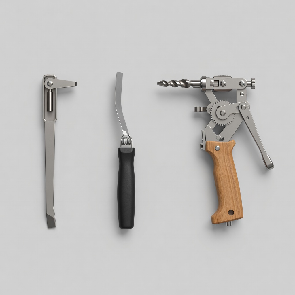 Comparison of a lever, flexible scraper and folding brace with their working parts labelled