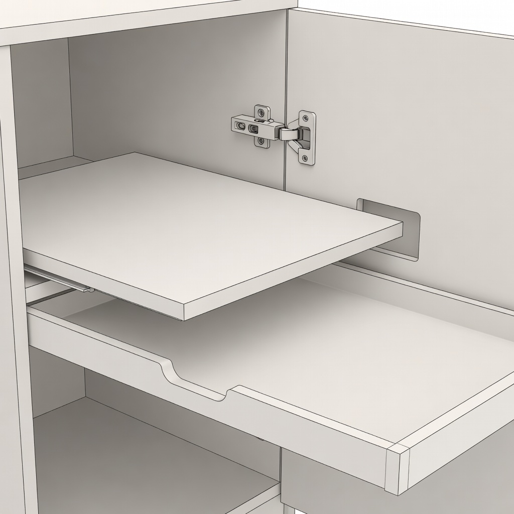 Shelf cutaway showing a pull-out tray, door hinge obstruction and clearance for a hand